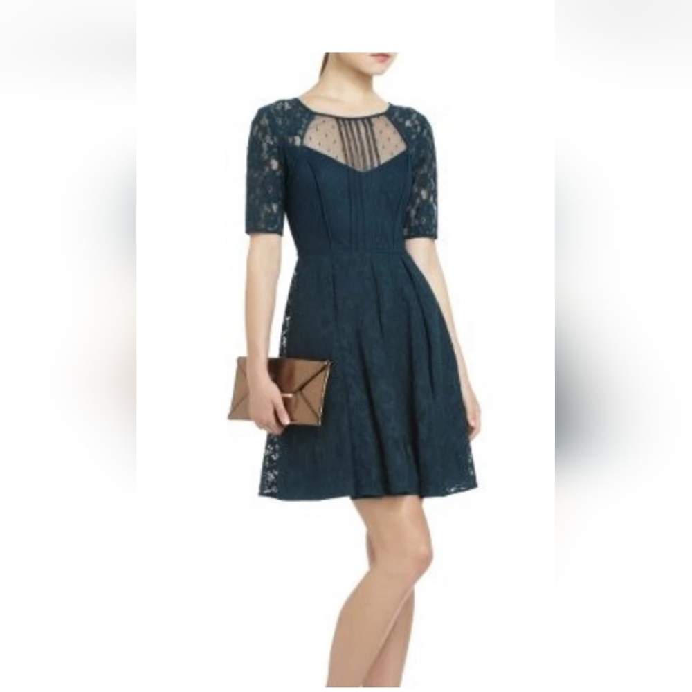 BCBG Julya Teal Green Lace Short Sleeve Fit And Flare Dress 12 - Picture 2 of 13
